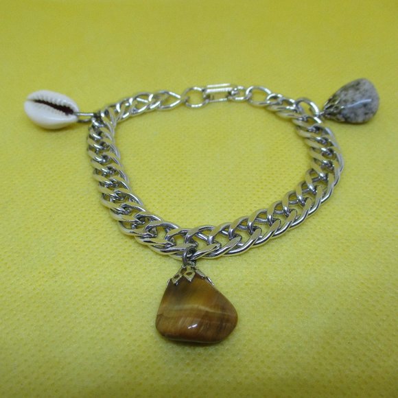 Vintage CHARM BRACELET Silver-Tone Flat Chain Link Charm Bracelet Tiger Eye Gem - Picture 1 of 10